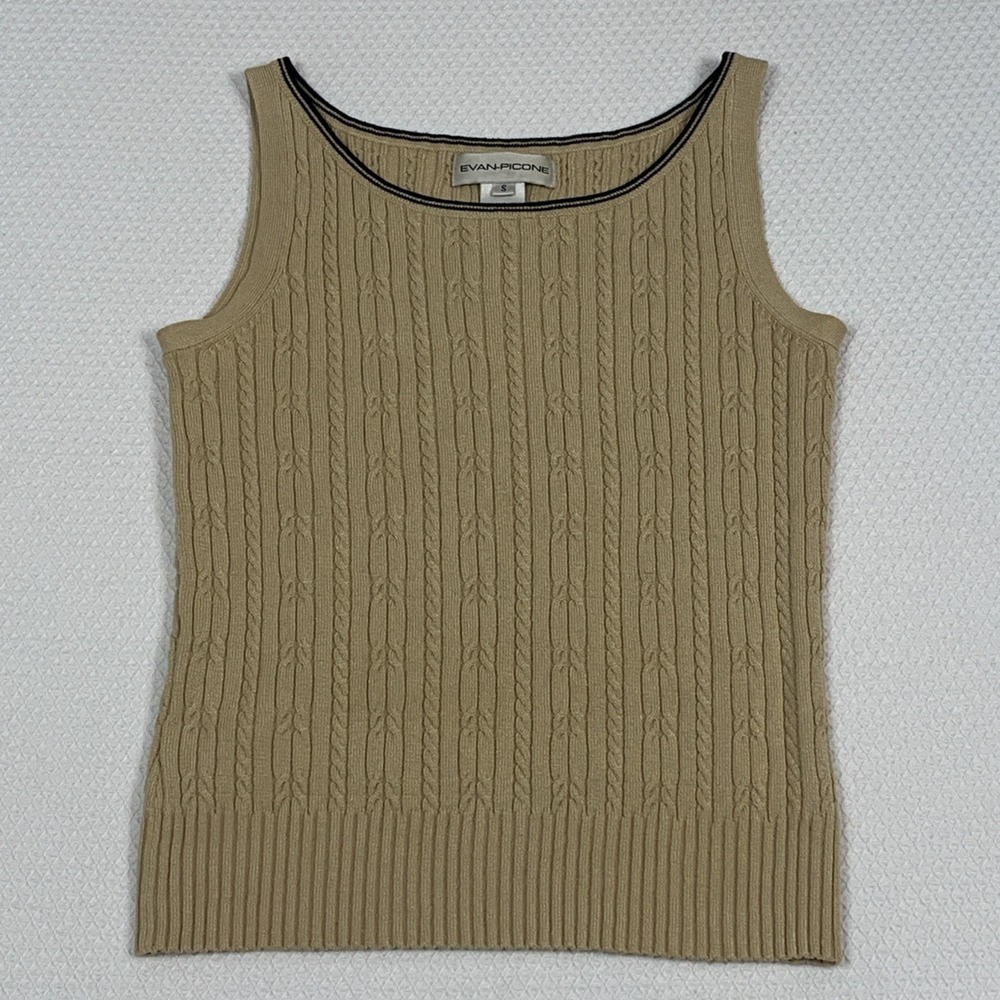 Vtg Evan Picone Cable Knit Sweater Vest Top Tan Beige Small Sleeveless Shell